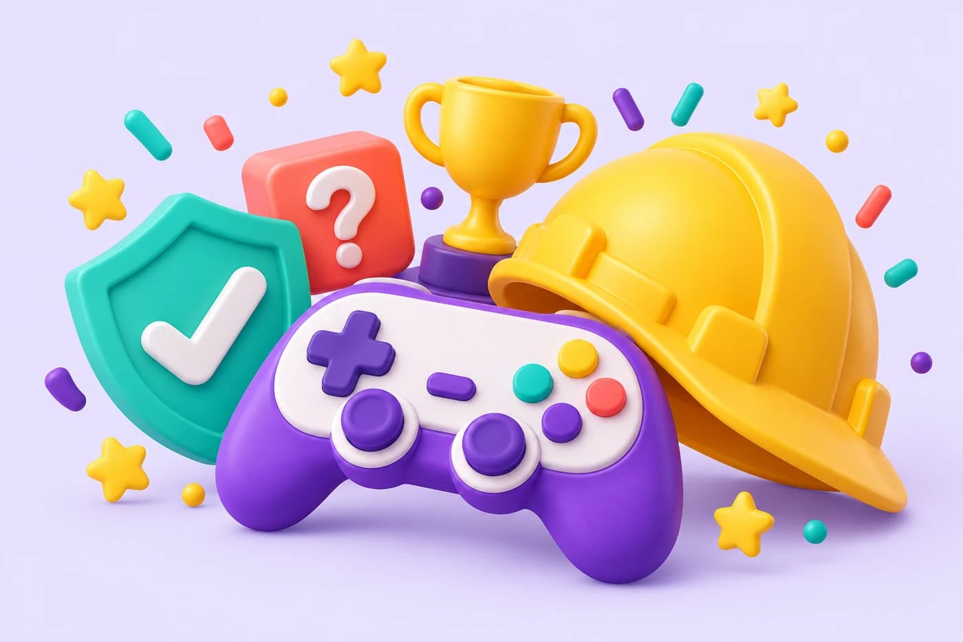 Casco, control de juego, escudo y trofeo en una ilustración de colores